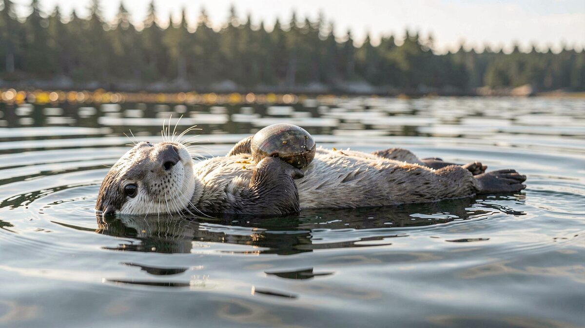 A sea otter floating on its back in flat morning water off the kelp beds near Ismailof Island, a clam on its chest, low sun behind it and the spruce shore soft in the background, shot from a small boat at eye level.