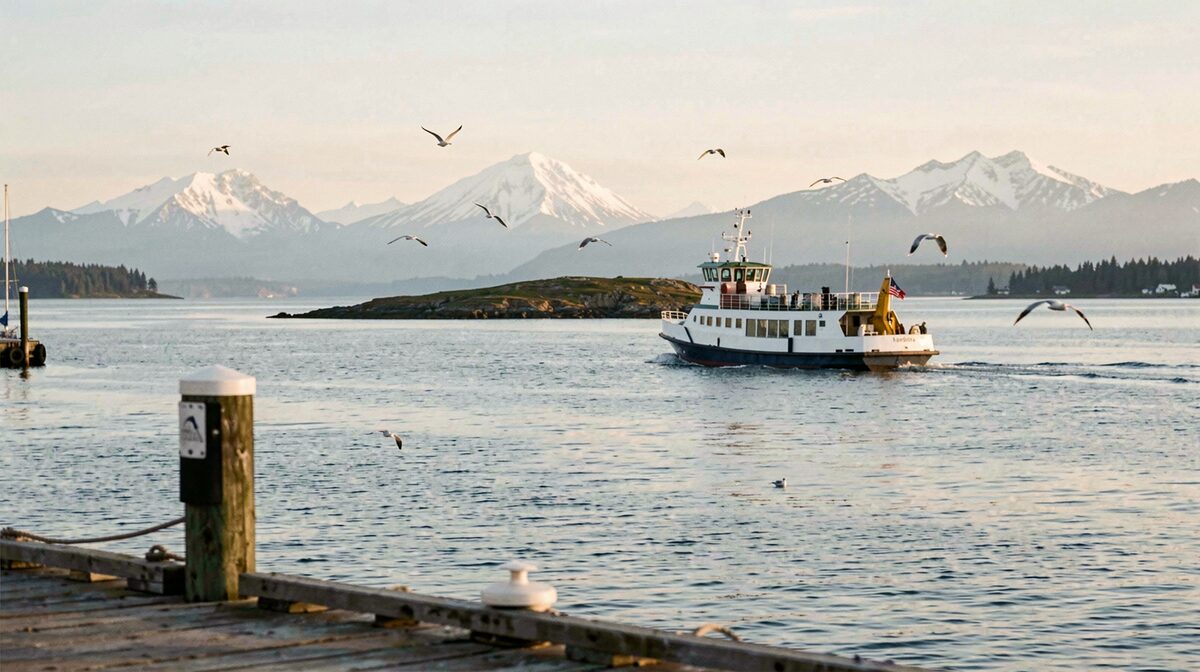 A small passenger ferry crossing Kachemak Bay in flat morning light, Gull Island low on the water behind it, seabirds in the air, the Kenai Mountains pale on the horizon, shot from a dock at the Homer harbor.