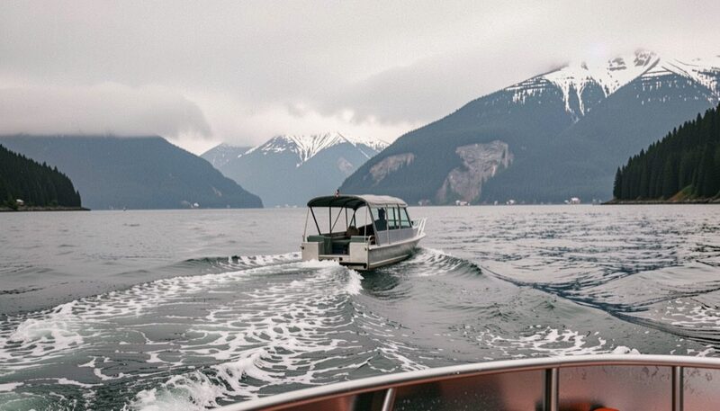 A small aluminum water taxi with a covered cabin crossing Kachemak Bay on a grey morning, a white wake curving behind it, forested hills and snowy peaks of the south shore ahead, low cloud on the mountains, seen from a boat following at a distance.