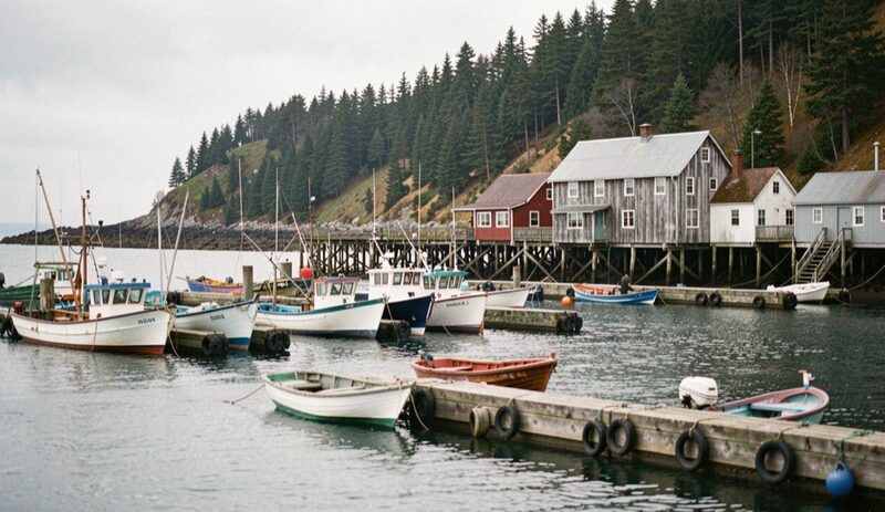 Fishing boats and small skiffs tied along the wooden floats of a small boat harbor at high tide, weathered houses on pilings and a spruce hillside behind, soft overcast light on calm water.