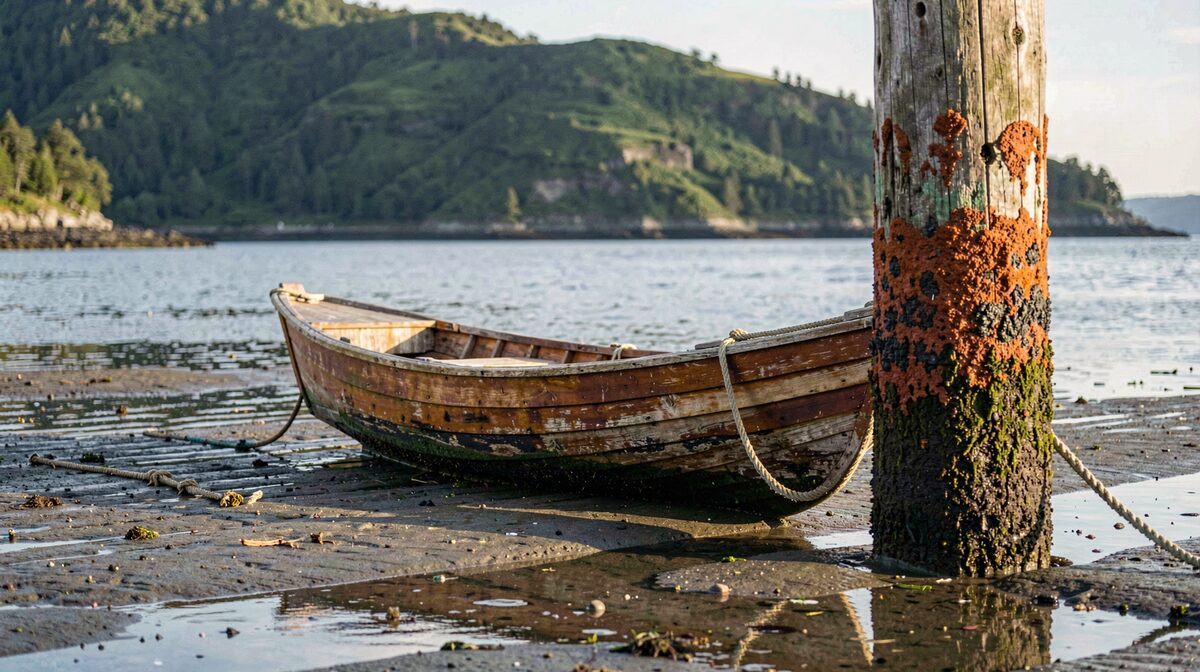 A wooden skiff tied to a barnacled piling at Halibut Cove at low tide, morning light raking across the water, the green hillside of Ismailof Island behind it.